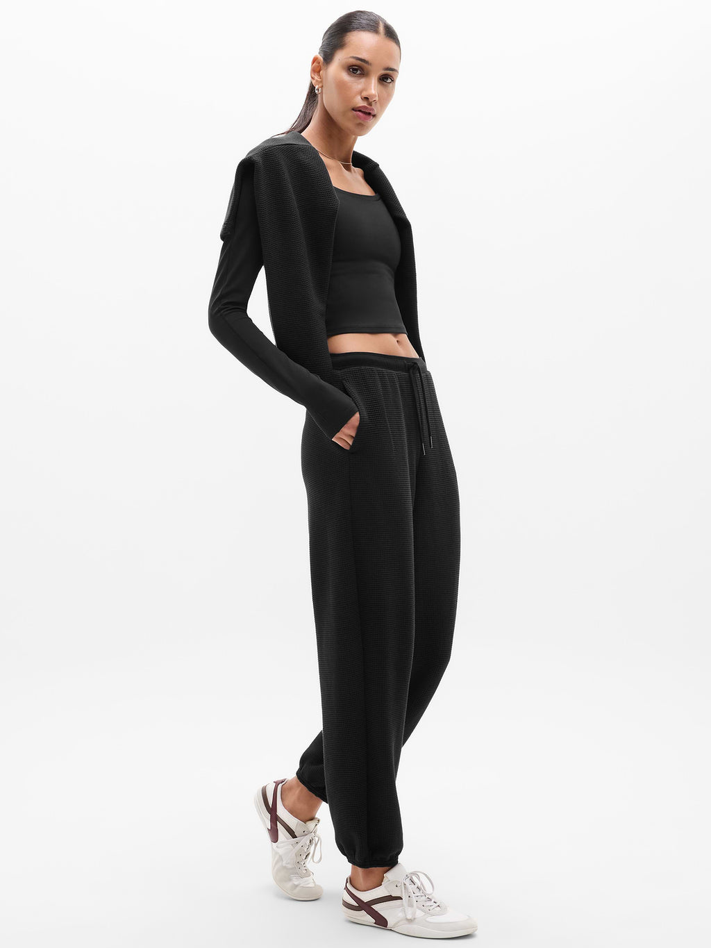 Tranquil Mid Rise Waffle Jogger - Black