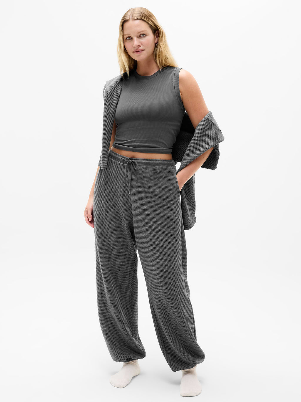 Tranquil Mid Rise Waffle Jogger - Charcoal Heather
