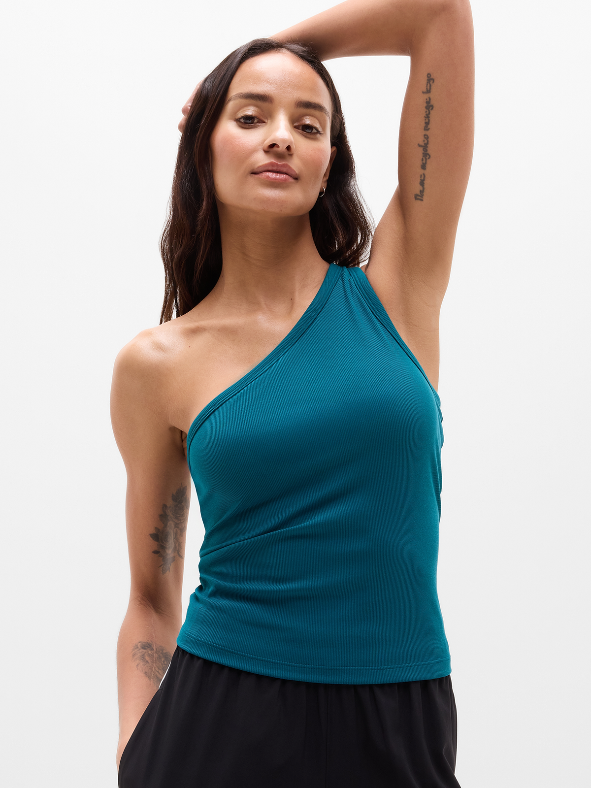 Signature Rib Asym One Shoulder Support Top - Coastal Teal
