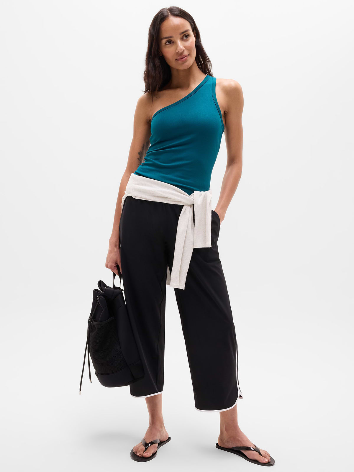 Signature Rib Asym One Shoulder Support Top - Coastal Teal