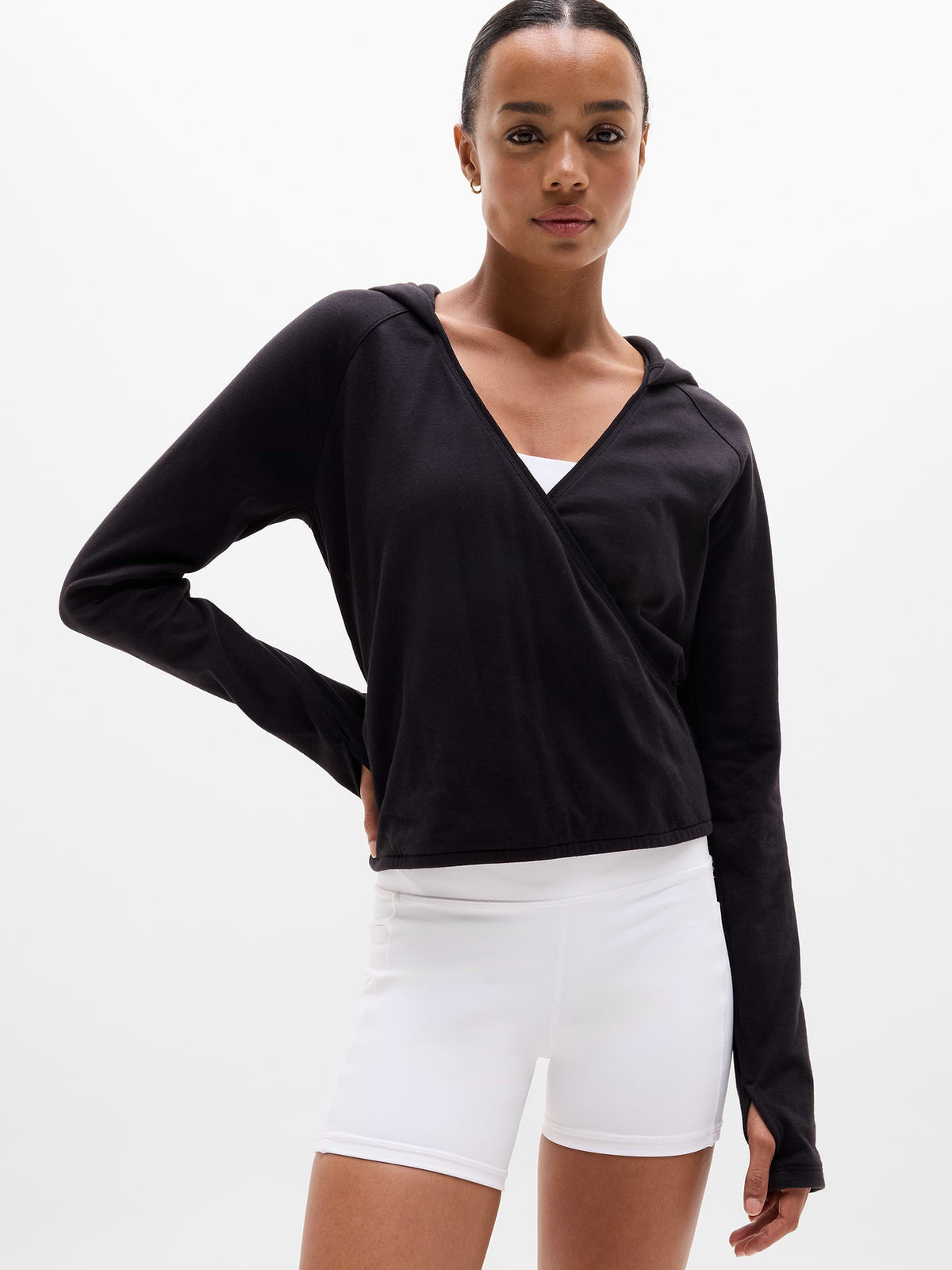 Airy Cotton Terry Wrap Hoodie - Black