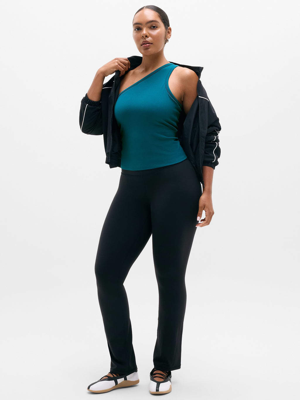 Signature Rib Asym One Shoulder Support Top - Coastal Teal