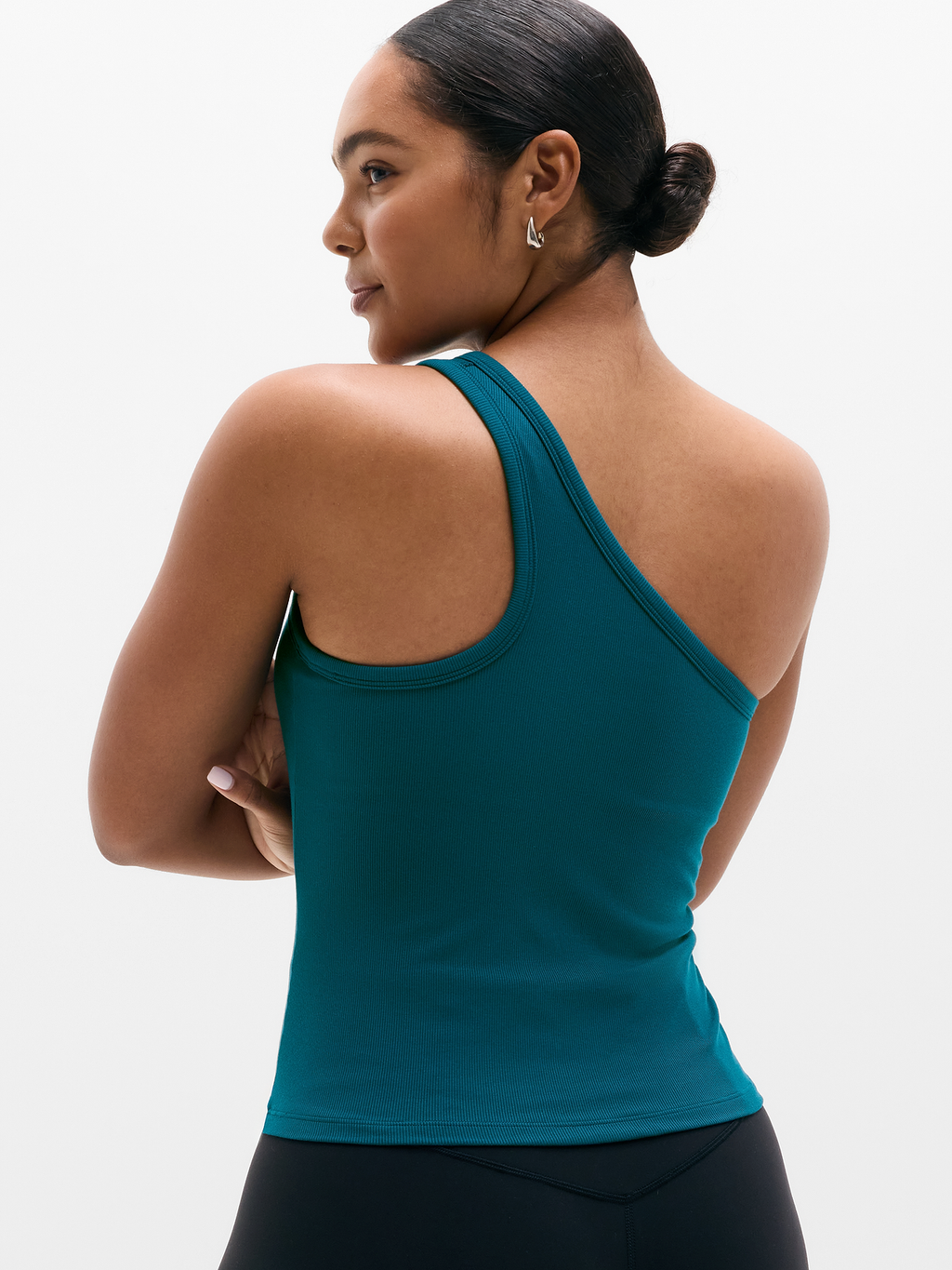 Signature Rib Asym One Shoulder Support Top - Coastal Teal