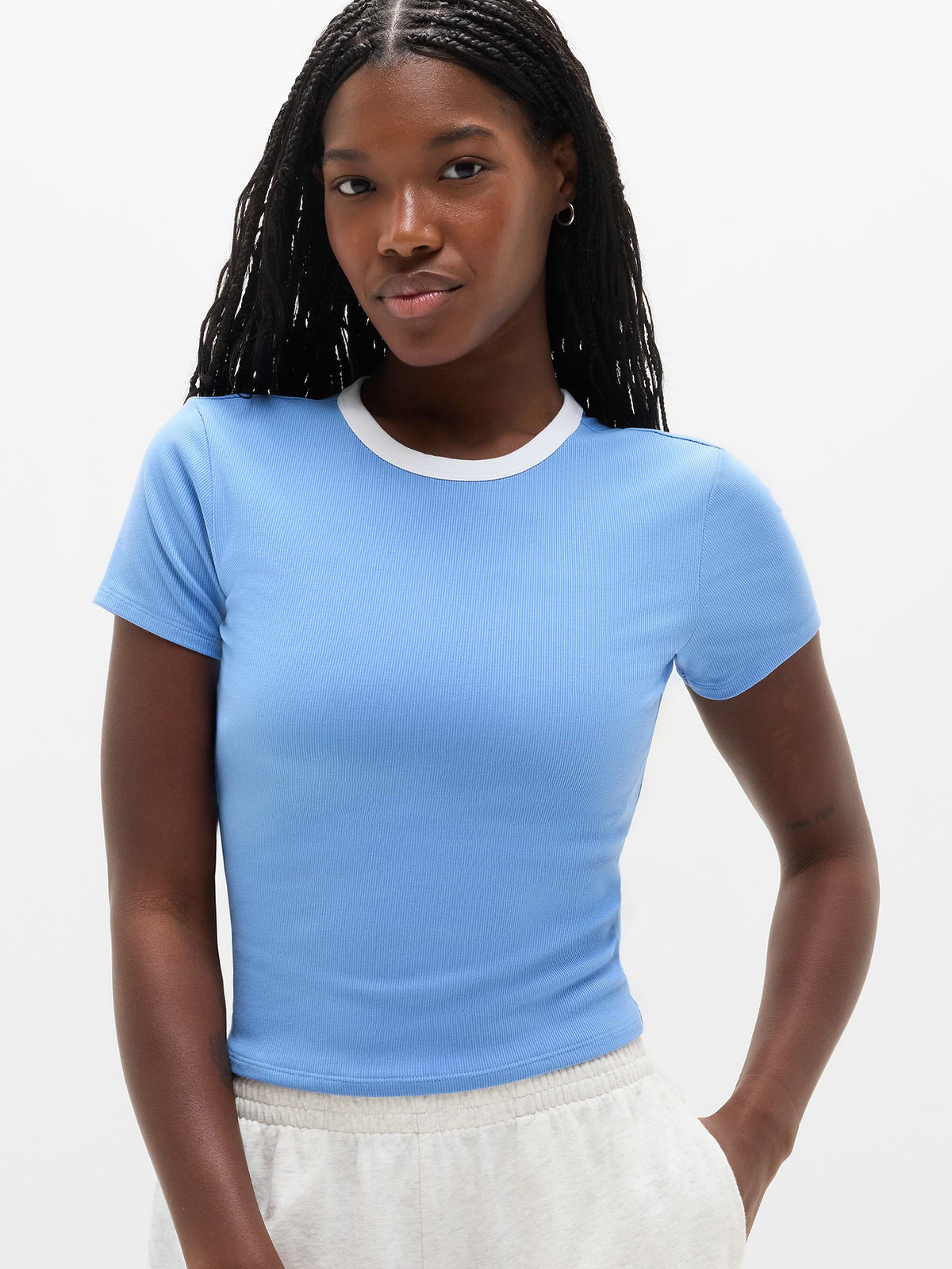 Signature Rib Scoop Tee - Waterfall/White