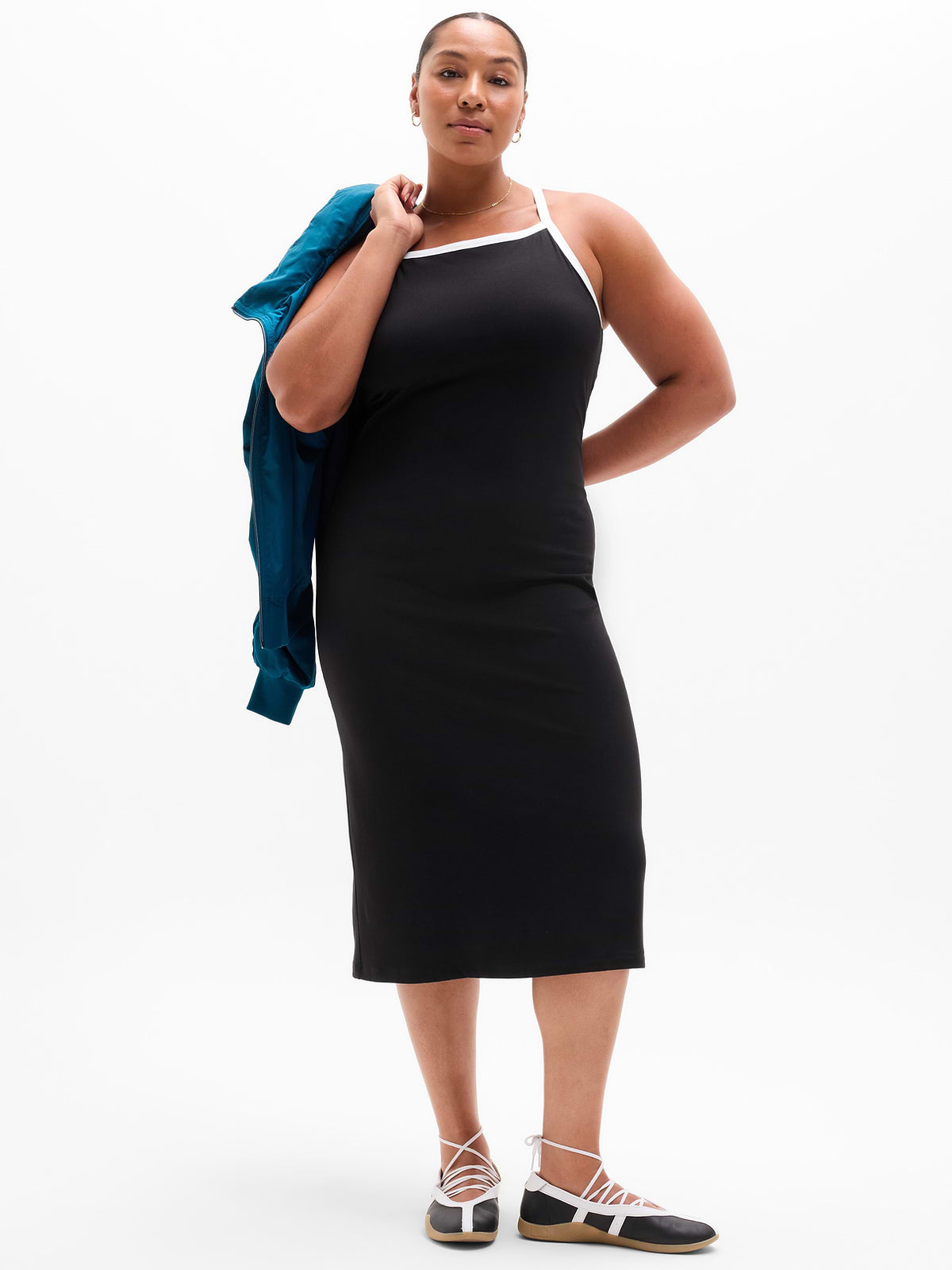 Signature Rib Apron Dress - Black/White Piping