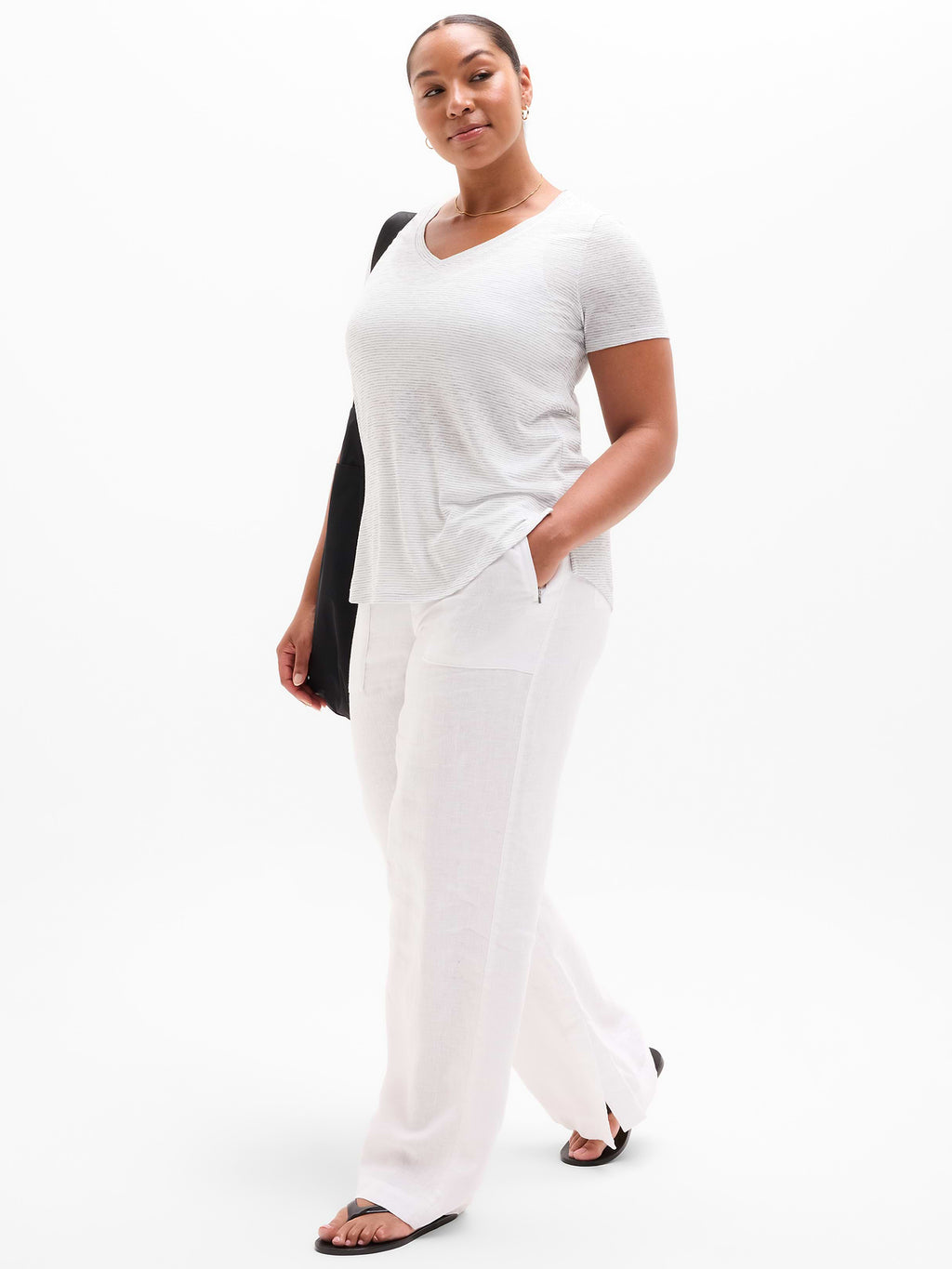 Breezy Scoop V-Neck Tee - Cobblestone Grey Stripe