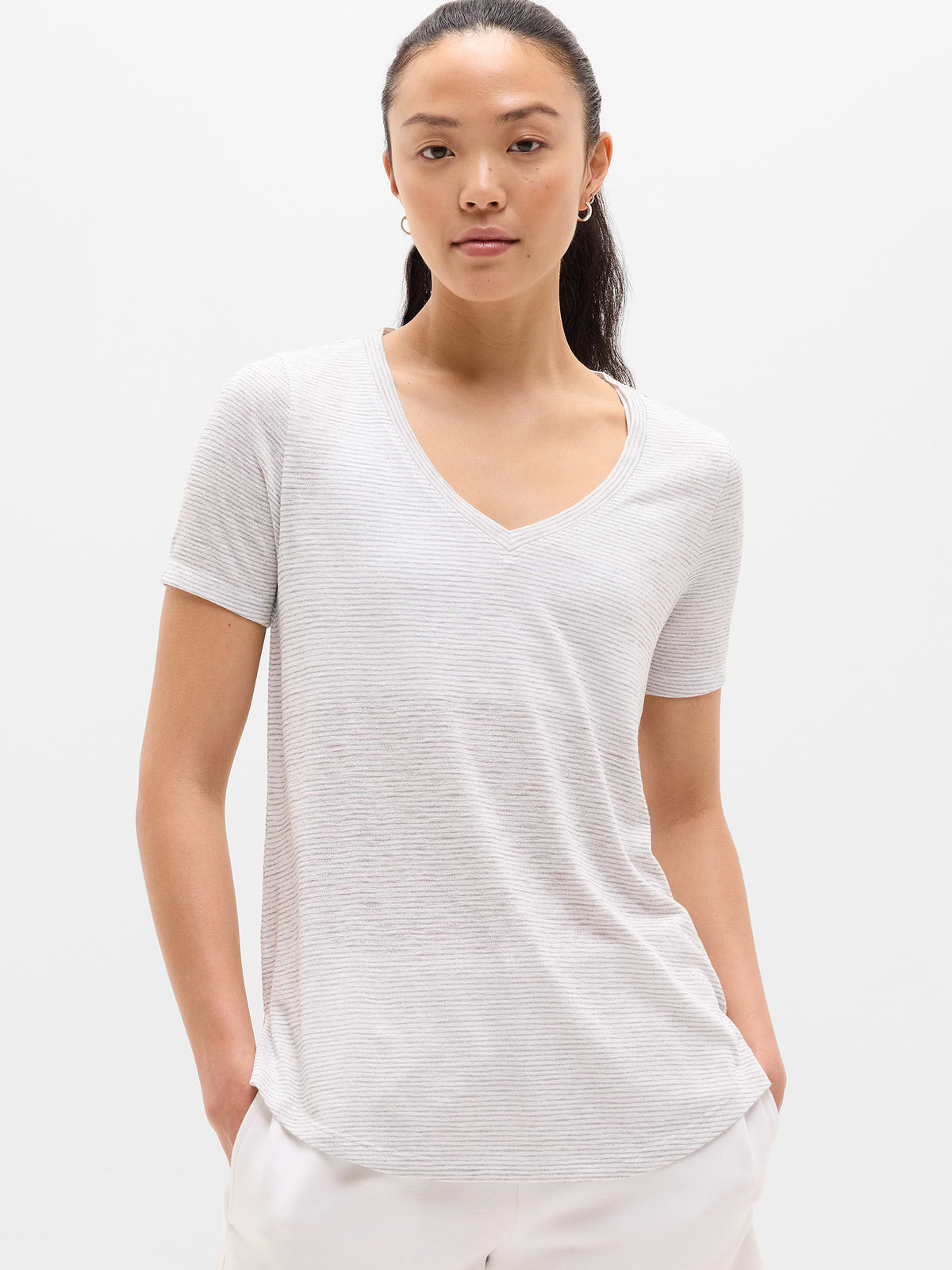 Breezy Scoop V-Neck Tee - Cobblestone Grey Stripe