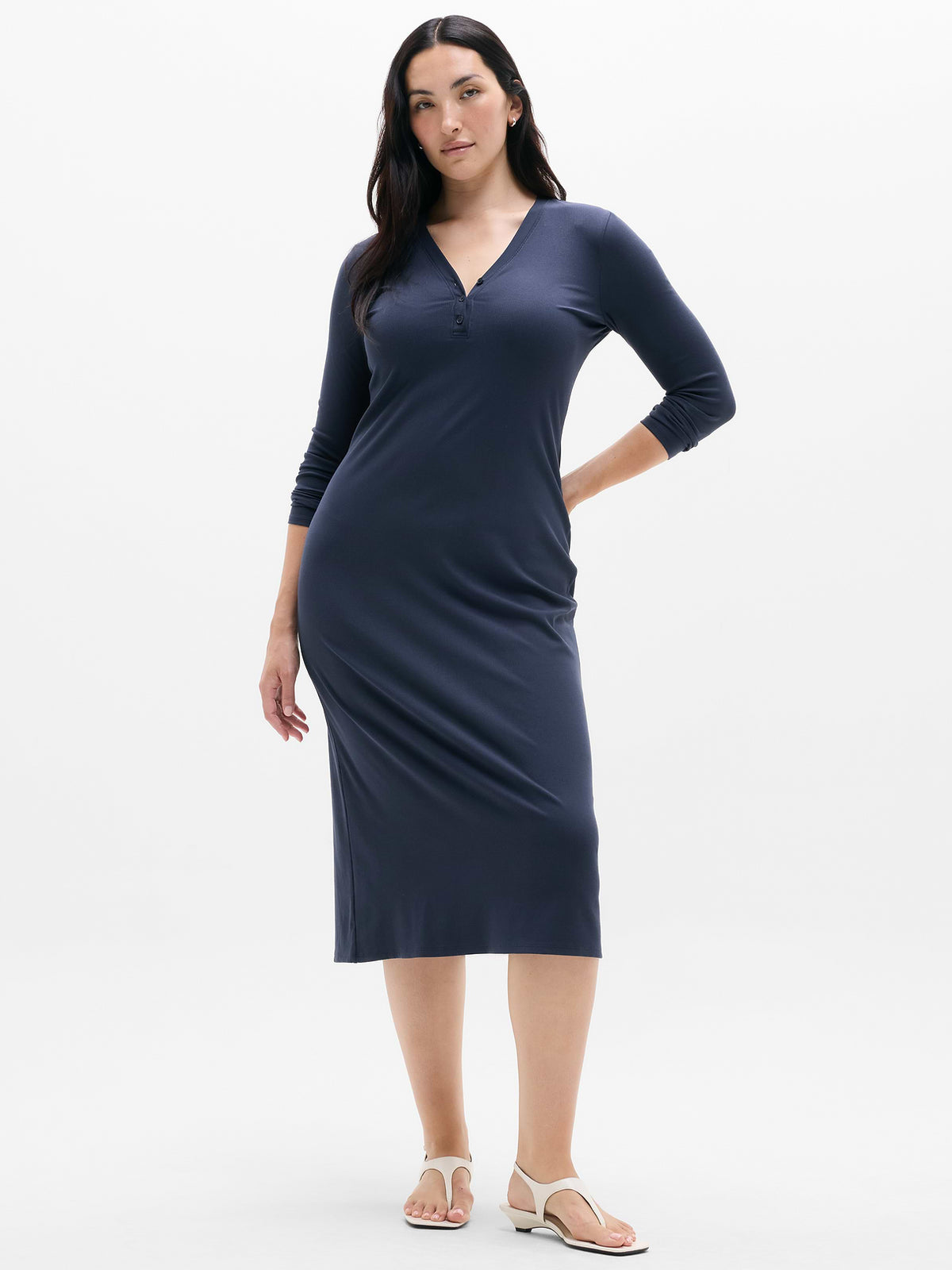 Signature Rib Long Sleeve Maxi Dress - Navy