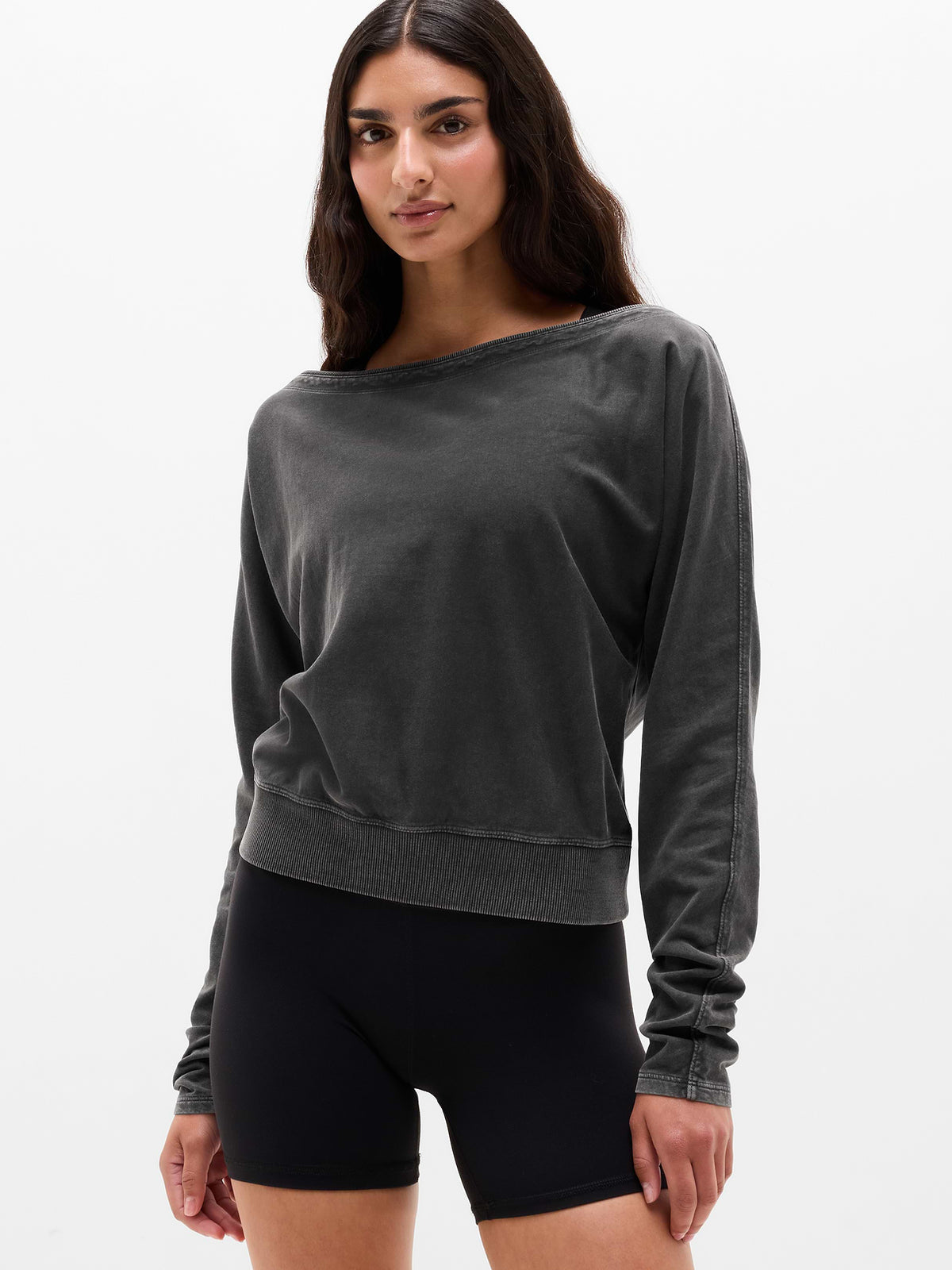 Airy Cotton Terry Snow Wash Boat Neck Sweatshirt - Ash