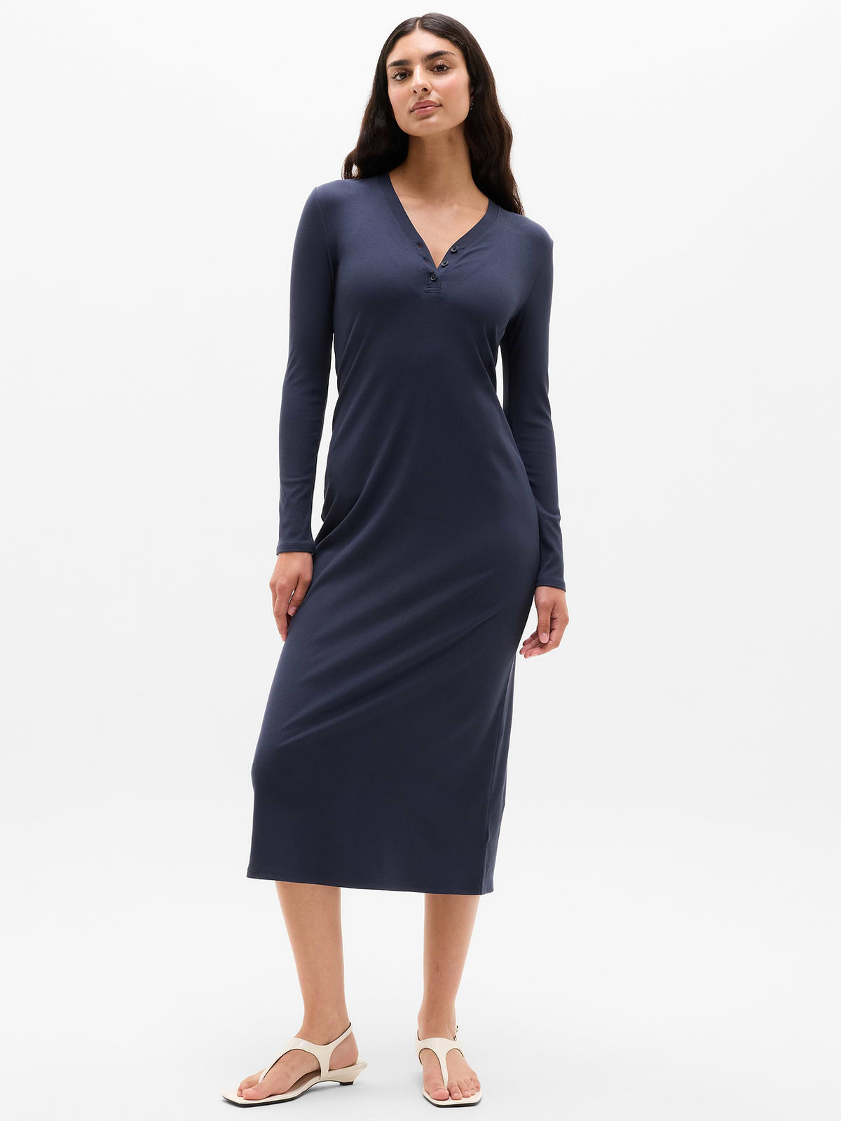 Signature Rib Long Sleeve Maxi Dress - Navy