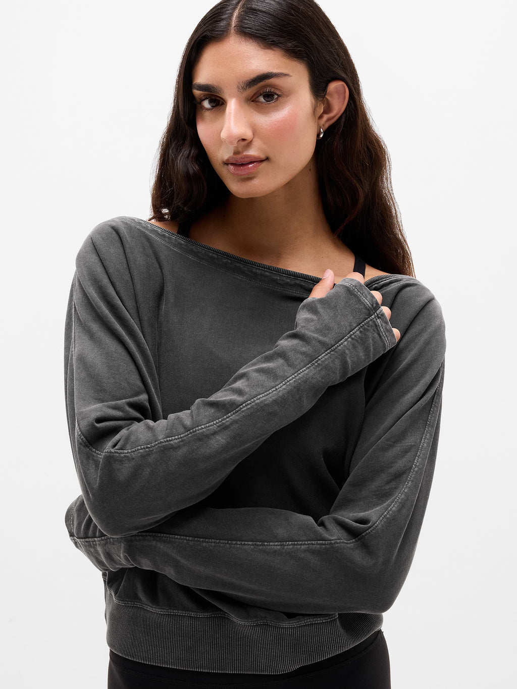 Airy Cotton Terry Snow Wash Boat Neck Sweatshirt - Ash