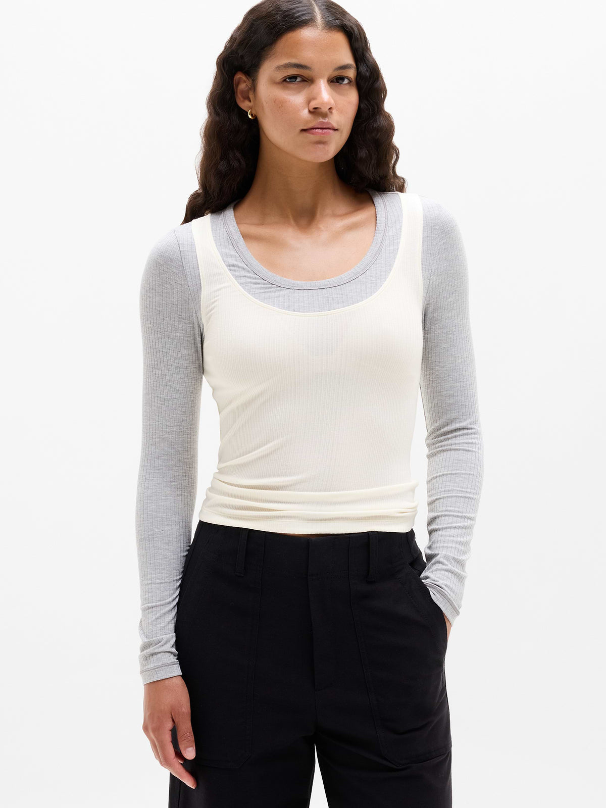 Perfect Rib Layered Top - Grey Heather/Pearl