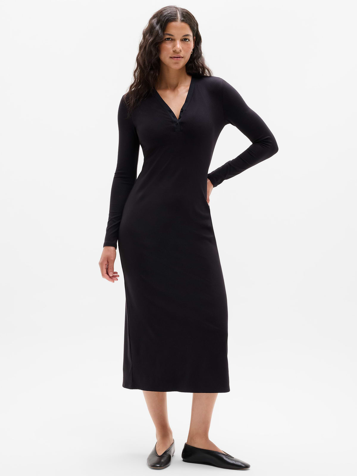 Signature Rib Long Sleeve Maxi Dress - Black