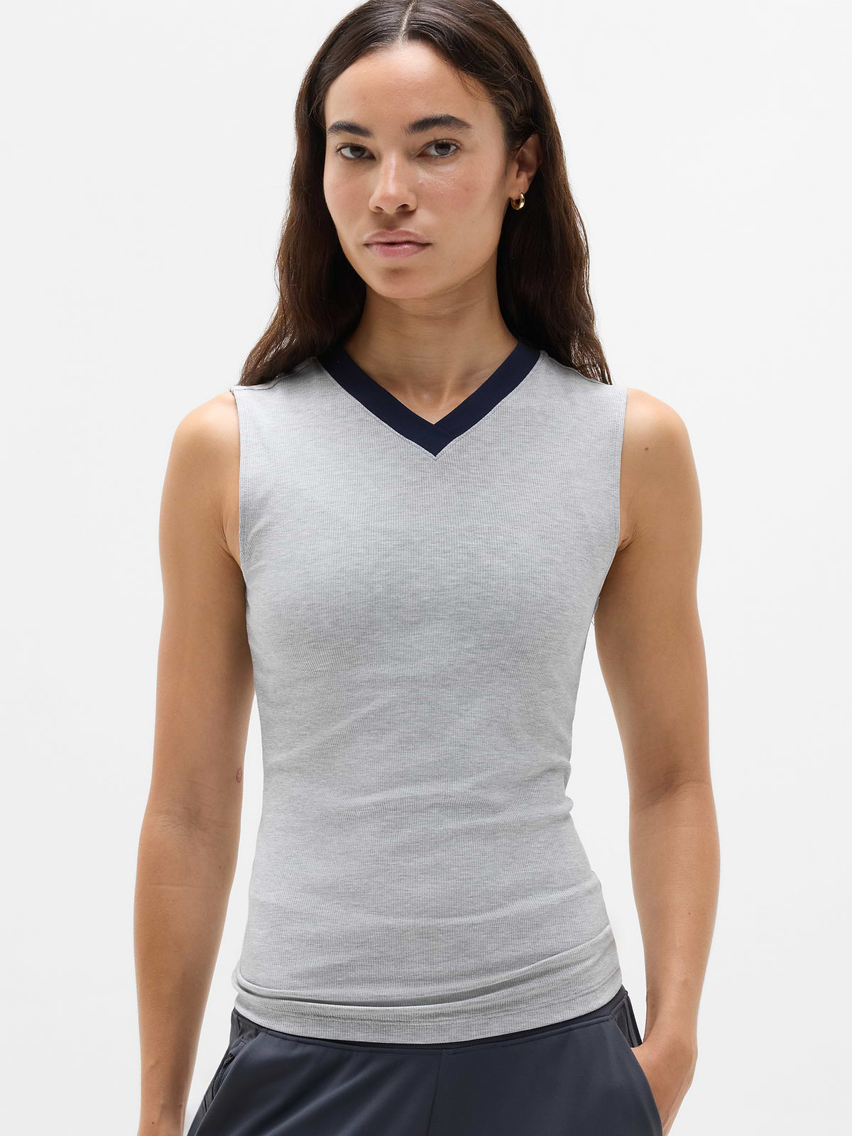 Signature Rib V-Neck Muscle Tank - Grey Heather/ Navy